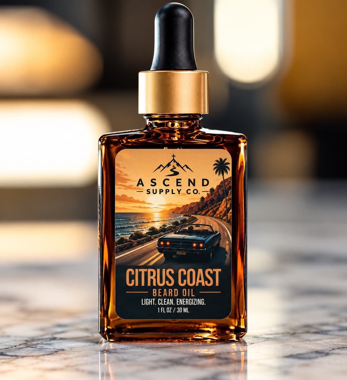 Citrus Coast Beard Oil amber dropper bottle